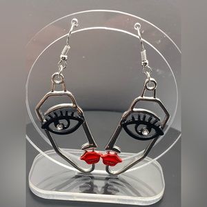 Silver face earrings red lips crystal eyes